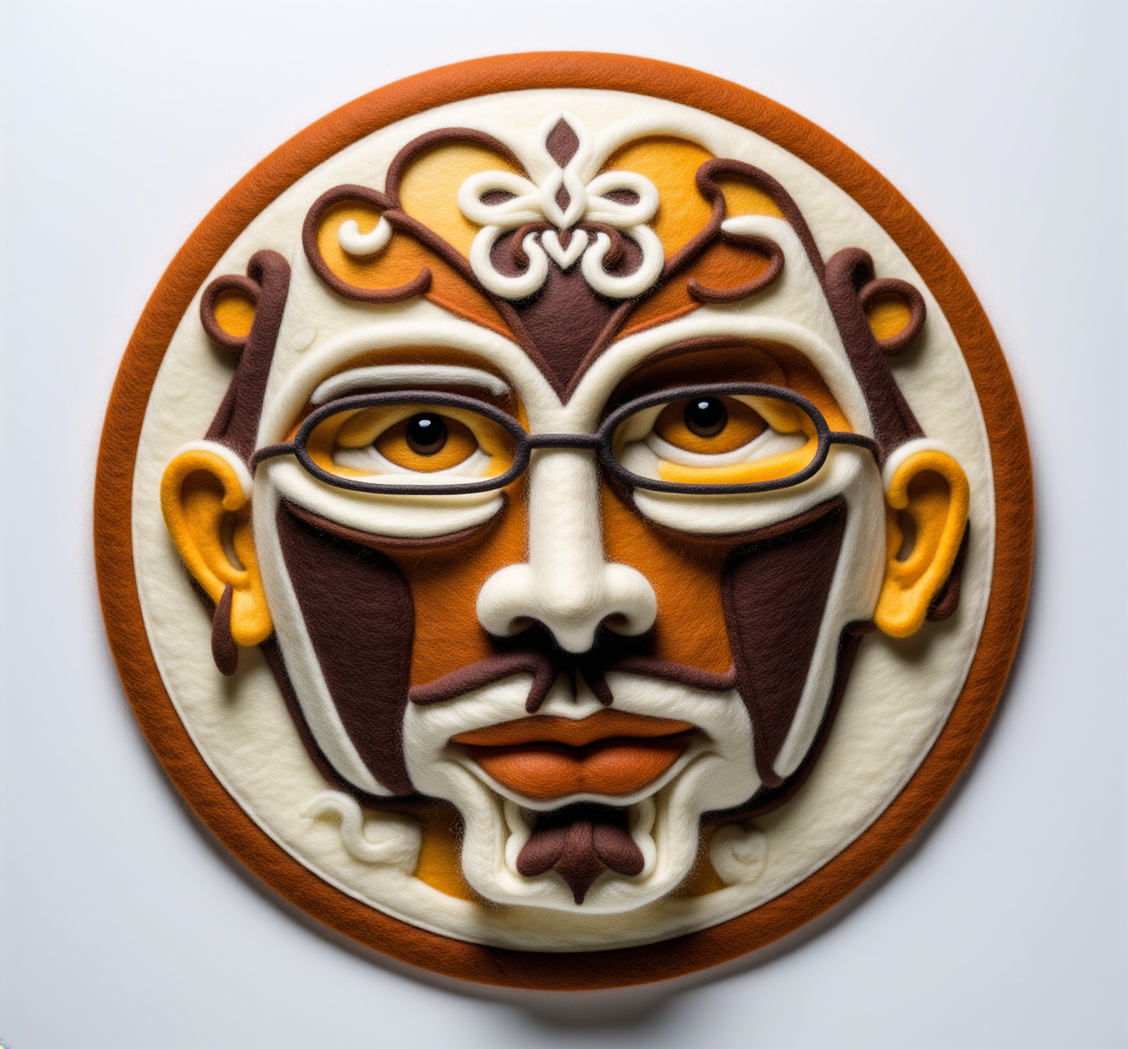 Firefly_felted sculpture of THE FACE, with glasses, caustic light patterns, white 634131